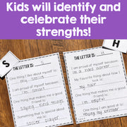 Two self-assessment worksheets on a wooden surface with text about identifying strengths.