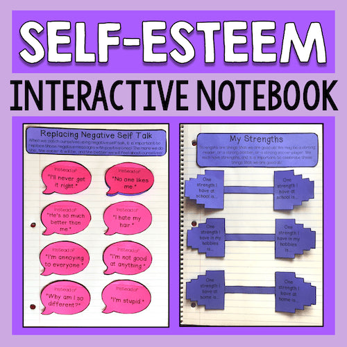Self-Esteem Interactive Notebook with text and graphics on a purple background