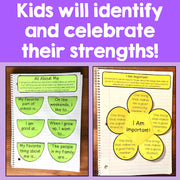 Educational materials for self-assessment and identification of strengths on a purple background