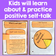 Educational materials on positive self-talk with text and illustrations on a purple background