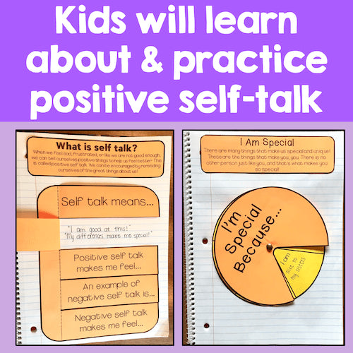 Educational materials on positive self-talk with text and illustrations on a purple background