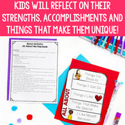 Educational materials for self-reflection with colorful pens and markers on a pink background.