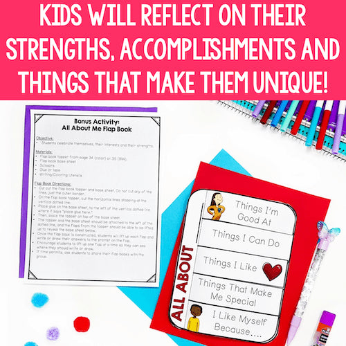 Educational materials for self-reflection with colorful pens and markers on a pink background.