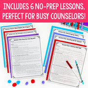 Educational materials with colorful borders and text on a pink background, featuring '6 No-Prep Lessons' for busy counselors.