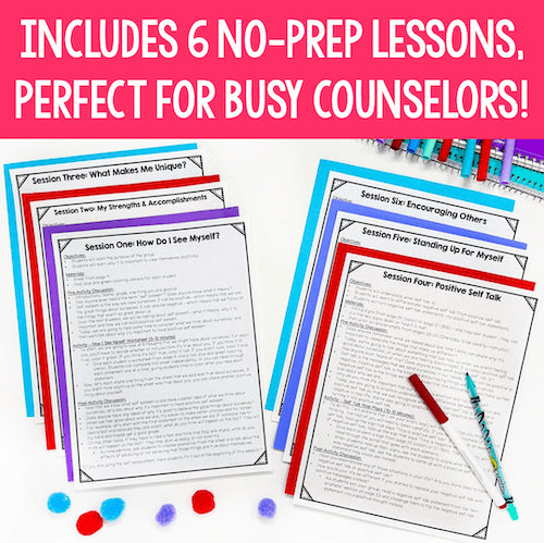 Educational materials with colorful borders and text on a pink background, featuring '6 No-Prep Lessons' for busy counselors.