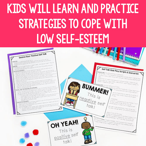 Educational materials on self-esteem with text overlay on a pink background
