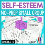 Educational materials for a self-esteem no-prep small group program with worksheets and cards on a teal background.