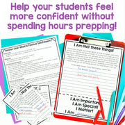 Educational materials on a clipboard with text about self-esteem and confidence.