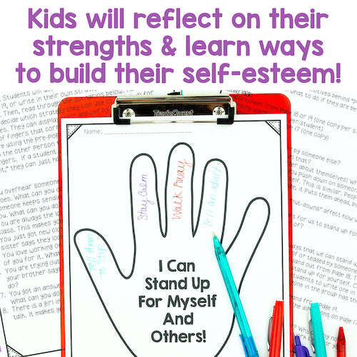 Handout with a hand drawing and text about self-esteem on a clipboard with colorful pens.