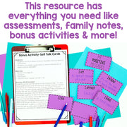 Assessments, family notes, and self-talk cards on a colorful background with text overlay.