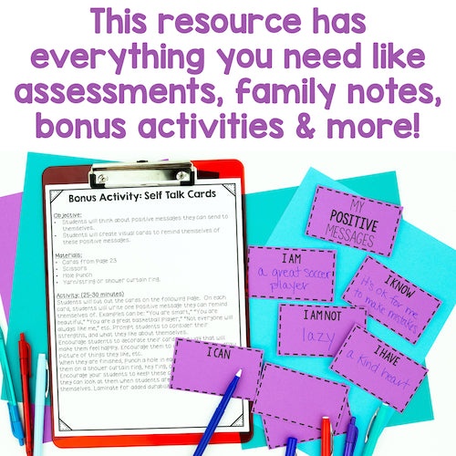 Assessments, family notes, and self-talk cards on a colorful background with text overlay.