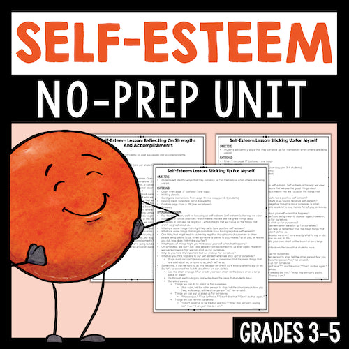 Cover of a 'Self-Esteem No-Prep Unit' for grades 3-5 with a cartoon character and lesson plans.
