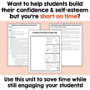 Educational materials for building self-esteem with text on a pink background