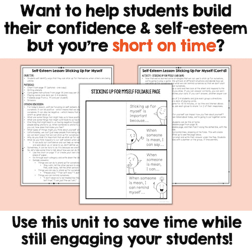 Educational materials for building self-esteem with text on a pink background