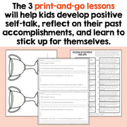 Printable worksheets for self-talk and reflection on a pink background