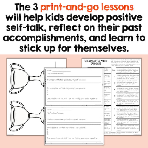 Printable worksheets for self-talk and reflection on a pink background