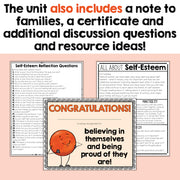 Educational materials on self-esteem with reflection questions and a congratulatory certificate.
