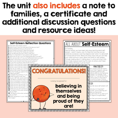 Educational materials on self-esteem with reflection questions and a congratulatory certificate.