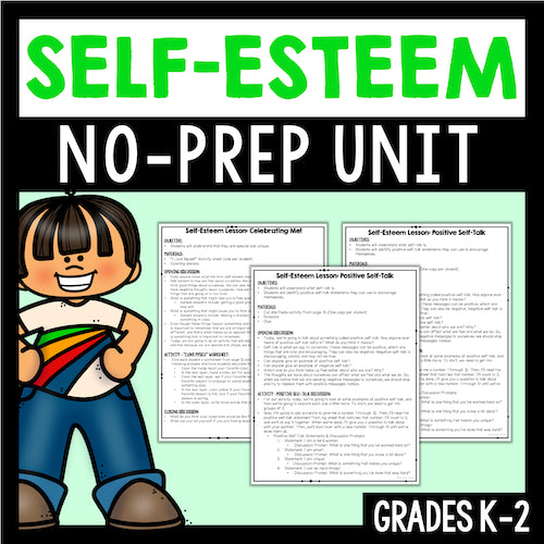 Cover of a self-esteem educational unit for grades K-2 with a cartoon character and lesson plans.