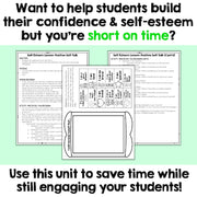 Educational materials for building self-esteem with text on a light green background