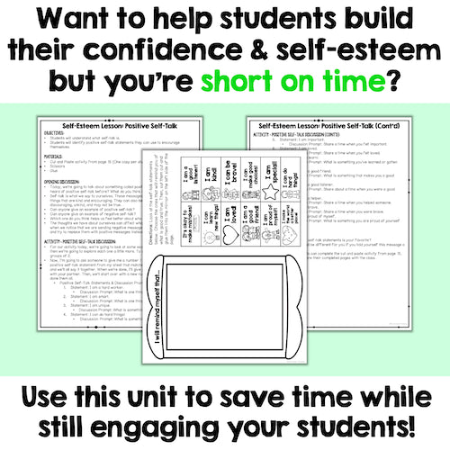 Educational materials for building self-esteem with text on a light green background