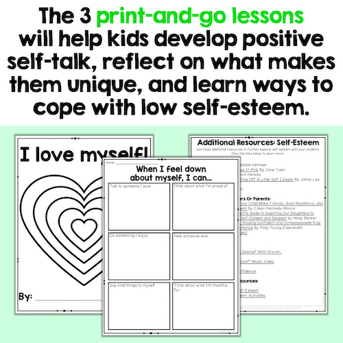 Educational materials for self-esteem development with heart shapes and text on a light green background.