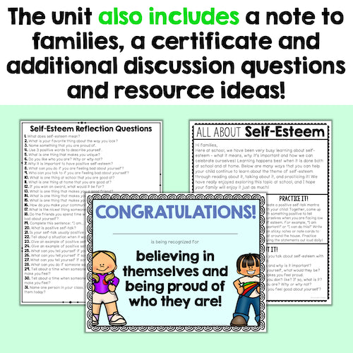 Educational materials on self-esteem with reflection questions, a certificate, and discussion points on a light green background.