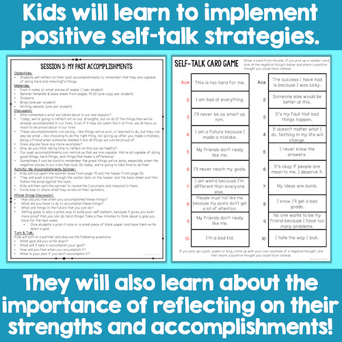 Kids will learn to implement positive self-talk strategies. They will also learn about the importance of reflecting on their strengths and accomplishments!