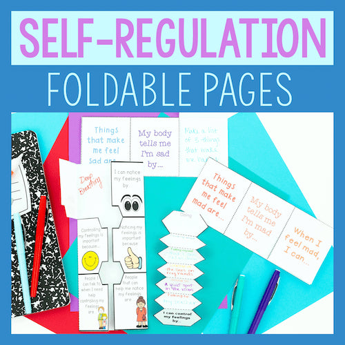 Crafting supplies with text against a blue background with 'Self-Regulation Foldable Pages' text.