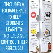 Foldable pages with text against a white background with 'Includes A Foldable Page To Help Students Learn To Notice and Control Their Feelings!' text against a blue background.