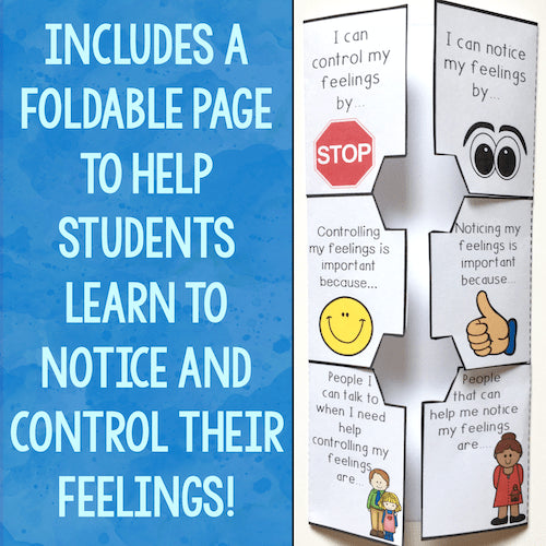 Foldable pages with text against a white background with 'Includes A Foldable Page To Help Students Learn To Notice and Control Their Feelings!' text against a blue background.