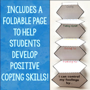 Foldable pages with text against a white background with 'Includes A Foldable Page To Help Students To Develop Positive Coping Skills!' text against a blue background.