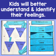 Educational materials for understanding and identifying feelings with blue and purple designs on a blue background.