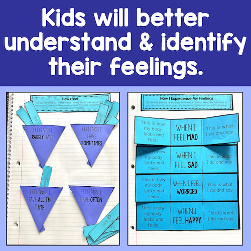 Educational materials for understanding and identifying feelings with blue and purple designs on a blue background.