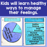 Educational materials for teaching kids healthy ways to manage their feelings on a blue background.