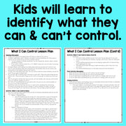Two lesson plan pages on a blue background with text about kids learning to identify what they can and can't control.