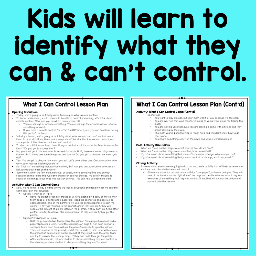 Two lesson plan pages on a blue background with text about kids learning to identify what they can and can't control.