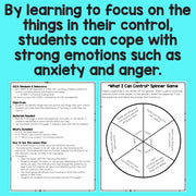Educational material on coping with emotions, including a spinner game and text about mindfulness.