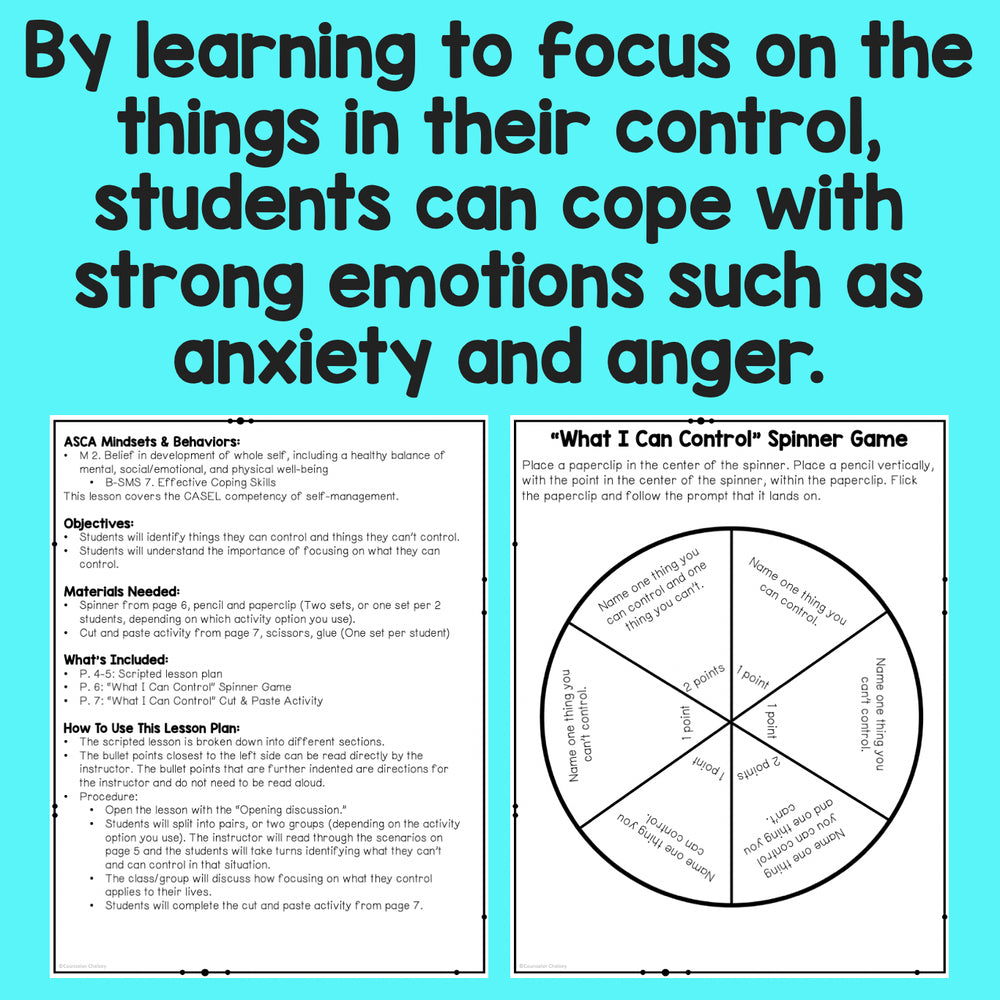 Educational material on coping with emotions, including a spinner game and text about mindfulness.