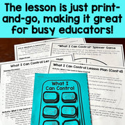 Educational materials including a spinner game and lesson plan for 'What I Can Control' on a wooden surface.