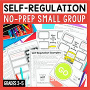 Educational materials for self-regulation no-prep small group with colorful tools on a red border.