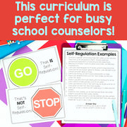 Educational materials for self-regulation with colorful signs and a document on a red background.