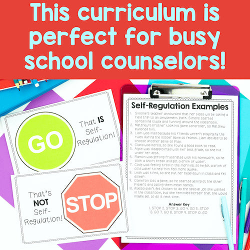 Educational materials for self-regulation with colorful signs and a document on a red background.
