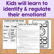 Educational materials for teaching kids about positive self-talk and emotions on a wooden surface.