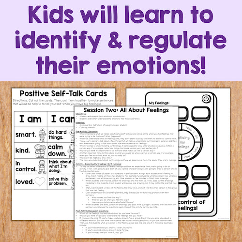 Educational materials for teaching kids about positive self-talk and emotions on a wooden surface.