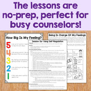 Educational materials on a wooden surface with text about no-prep lessons for busy counselors.