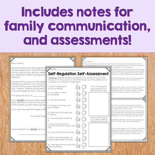 Educational materials on a wooden surface with text about family communication and assessments.
