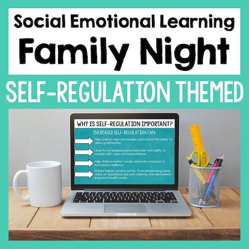 Promotional graphic for Social Emotional Learning Family Night with a laptop and stationery on a desk.