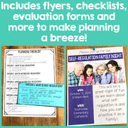 Flyers, checklists, and evaluation forms for planning events on a corkboard with text overlay.
