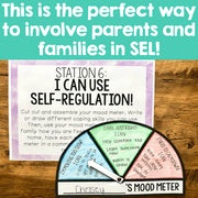 SEL activity station with mood meter on a wooden surface
